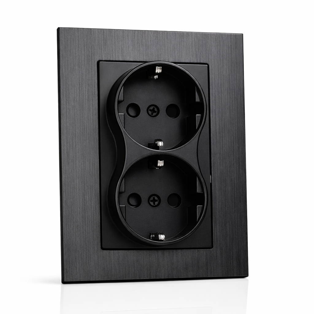 LH Stikkontakt dobbel innfelt m/jord - Børstet alu sort