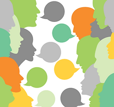 Overlapping silhouettes of people's profile with speech bubbles