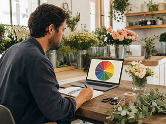 Floral design student studying the Louis Prang color wheel online from a professional flower shop