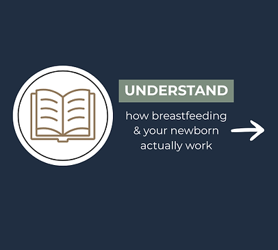 Blue box with a circle and gold book icon. Text says Understand how breastfeding and your newborn actually work with arrow to next blcok