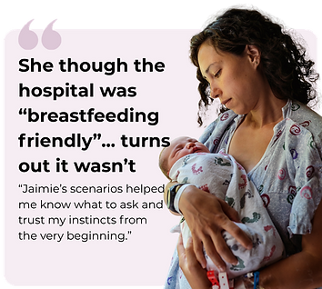 Image of new mom holding baby in hosptial gown look uneasy pink background ad quote with black text says "She thought the hospital was breastfeeding friendly turns outit wasn't ... jaimies scenarielped me now what to ask and trust my instincts from the beginning