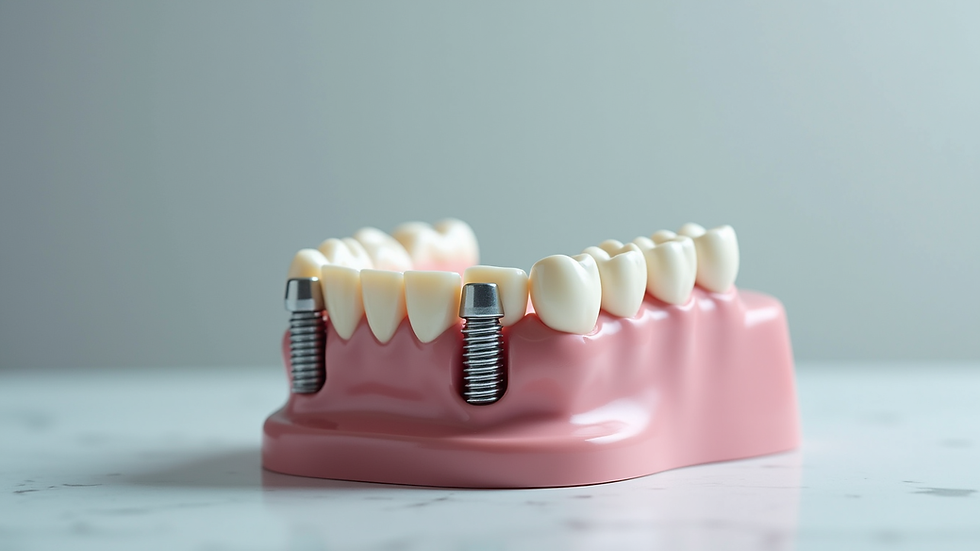 Close-up view of dental implant model showing four implants supporting a full arch