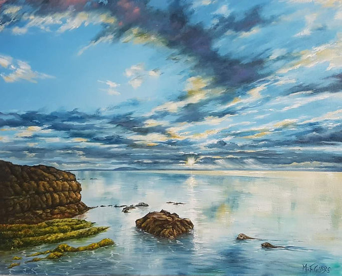 Paining of a beautiful coastline with reflections of the sky.