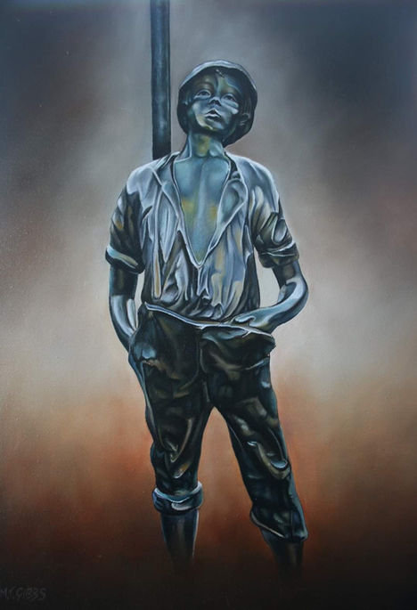 Paining of a brass statue of a man.