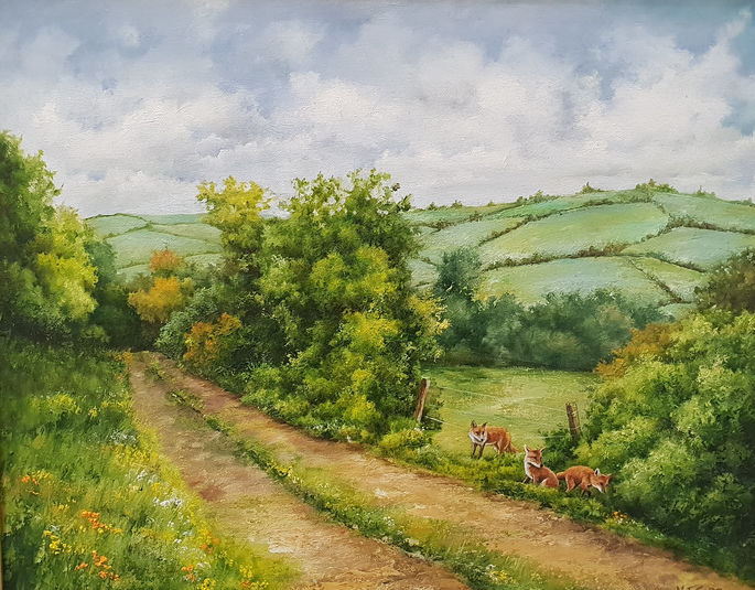 Painting of a green hilly landscape and a country lane.