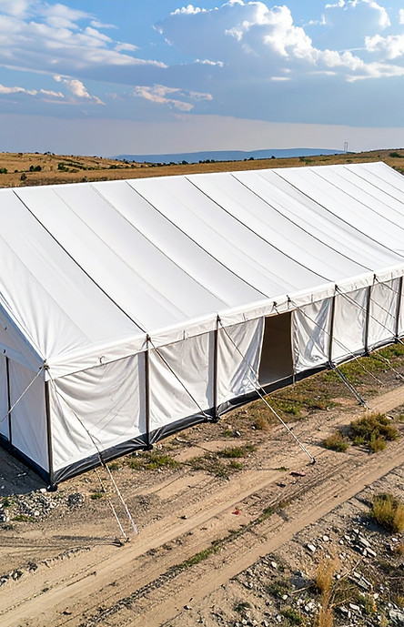 Firefly_Product photo of a disaster relief tent, white rectangular tent structure, diagona