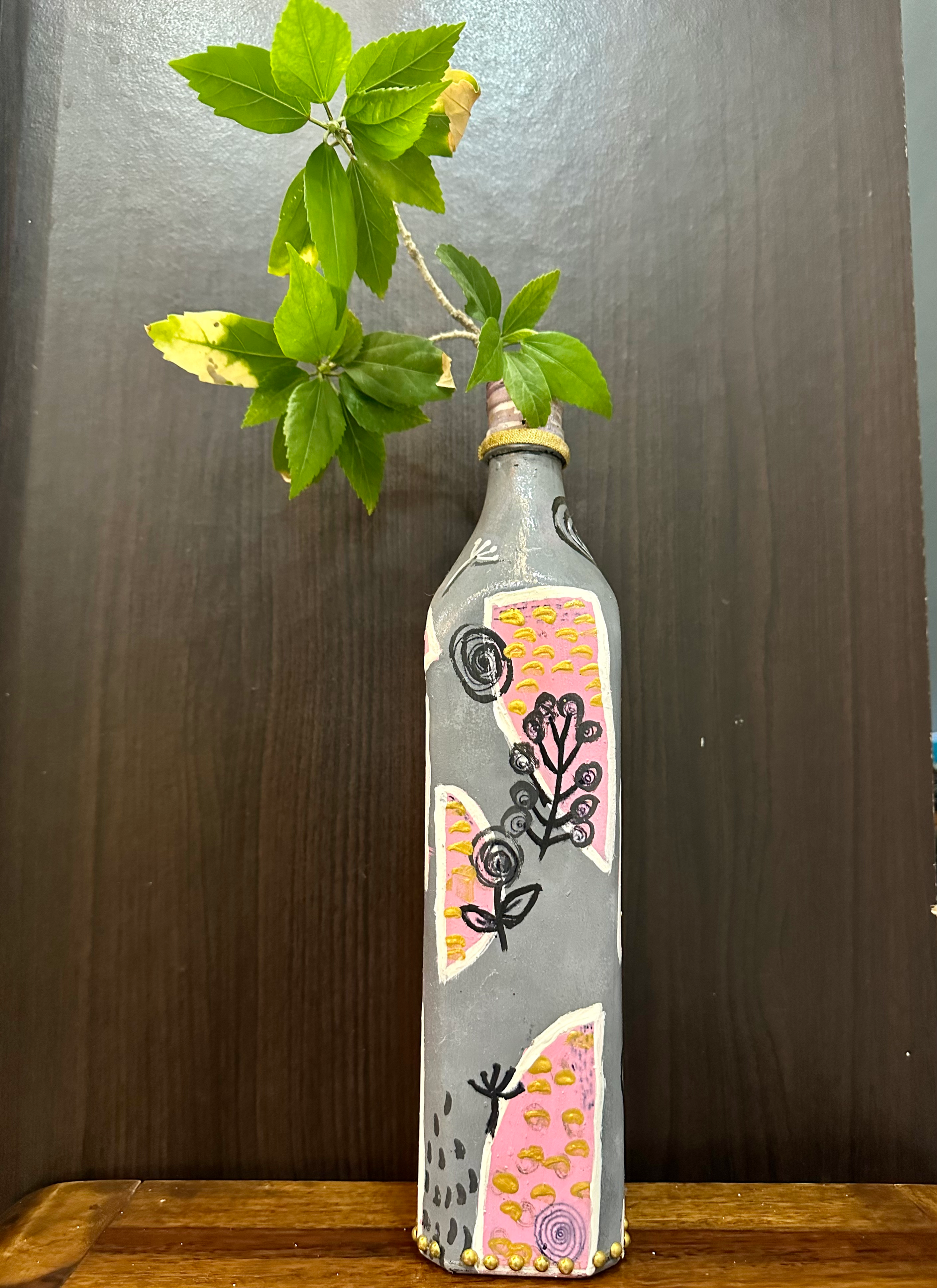 Natural grey pink : hand crafted painted bottle/ planter home decor