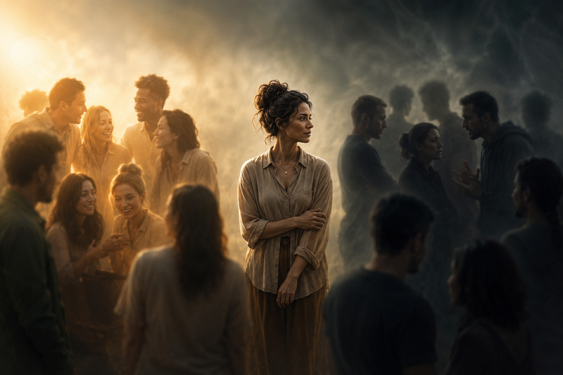 woman in a crowd where she is feeling ignored and outcast not fitting in 