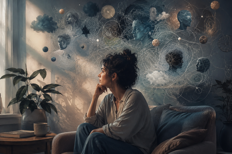 girl siting thoughtfully in her bedroom, different types of thoughts circling around her head, overthinking and stuck in a loop