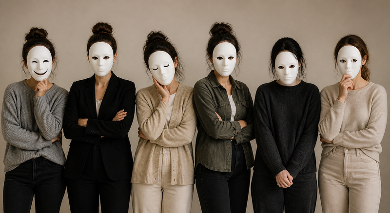 Adult men and women with masks on their faces, not showing their real selves.