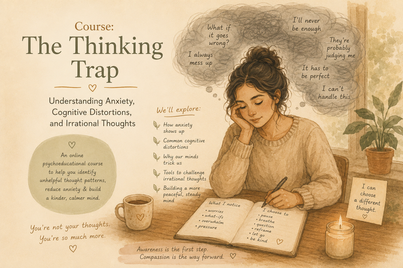 girl siting thoughtfully in her bedroom, different types of thoughts circling around her head, overthinking and stuck in a loop