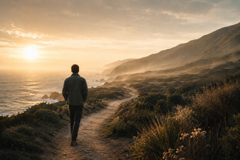 man walking along a coast line path with the words the path to self trust