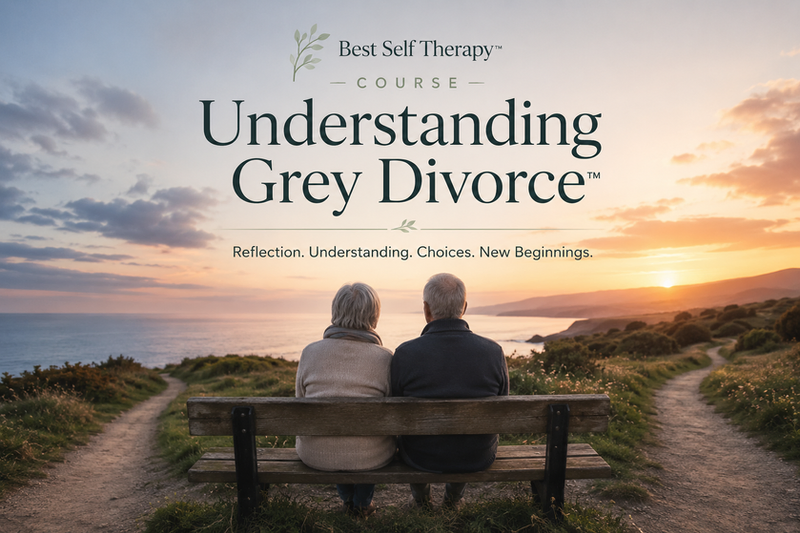 understanding grey divorce - an older couple sitting on a bench gazing at the sunset