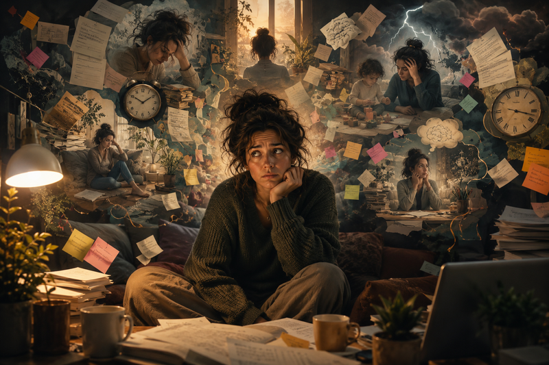 woman sat on her bed, thoughts overwhelming her head, trying to catch hold of the slipperyness of her mind with her ADHD wired brain