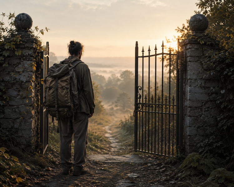 person stood by a gate with a heavy bag on their back , signifies heavy emotional baggage 