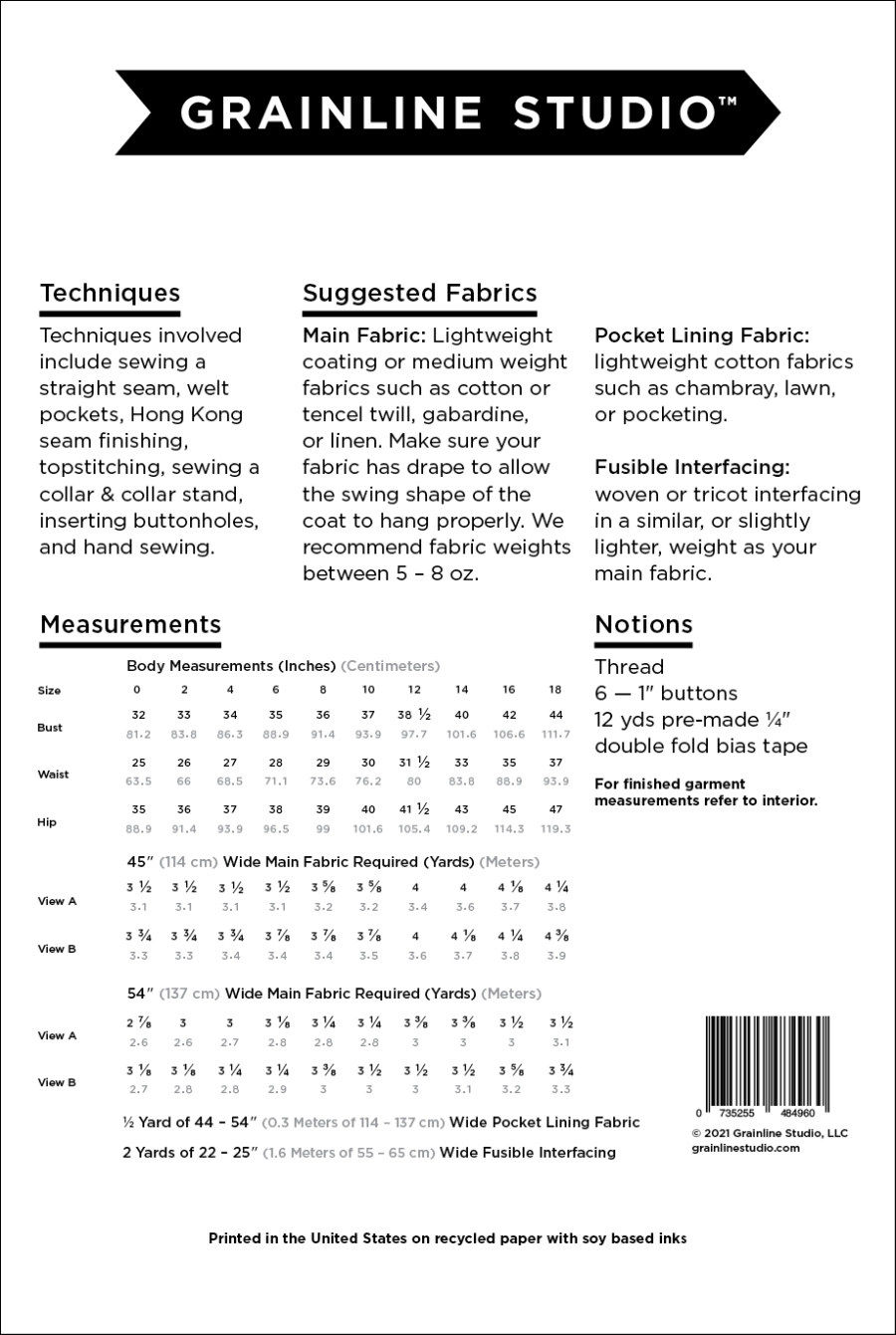 Thumbnail: Grainline Studio - Cortland Trench Sewing Pattern size14-30 D-Cup