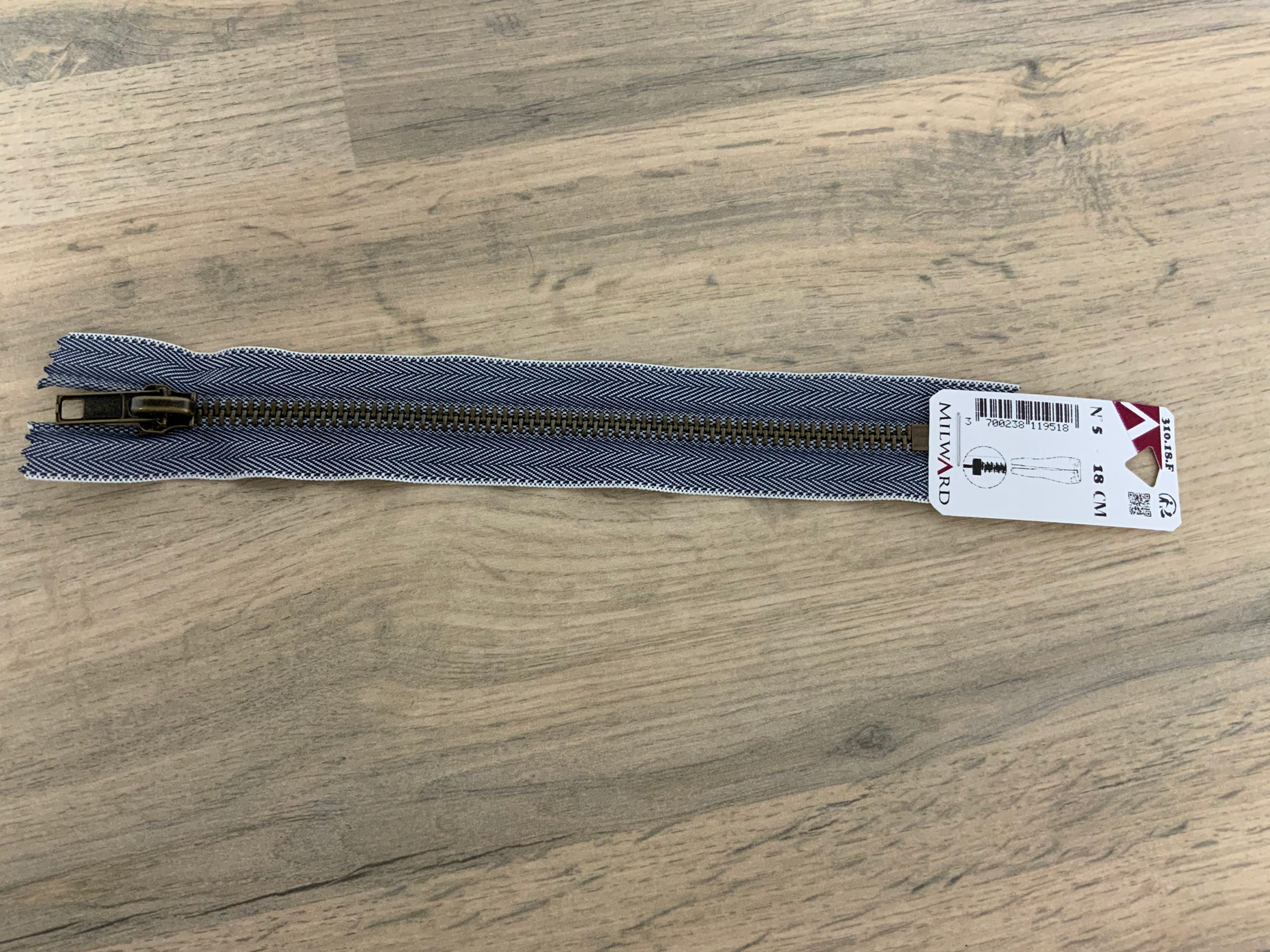 Milward 18cm Antique Brass Metal Jean Zip