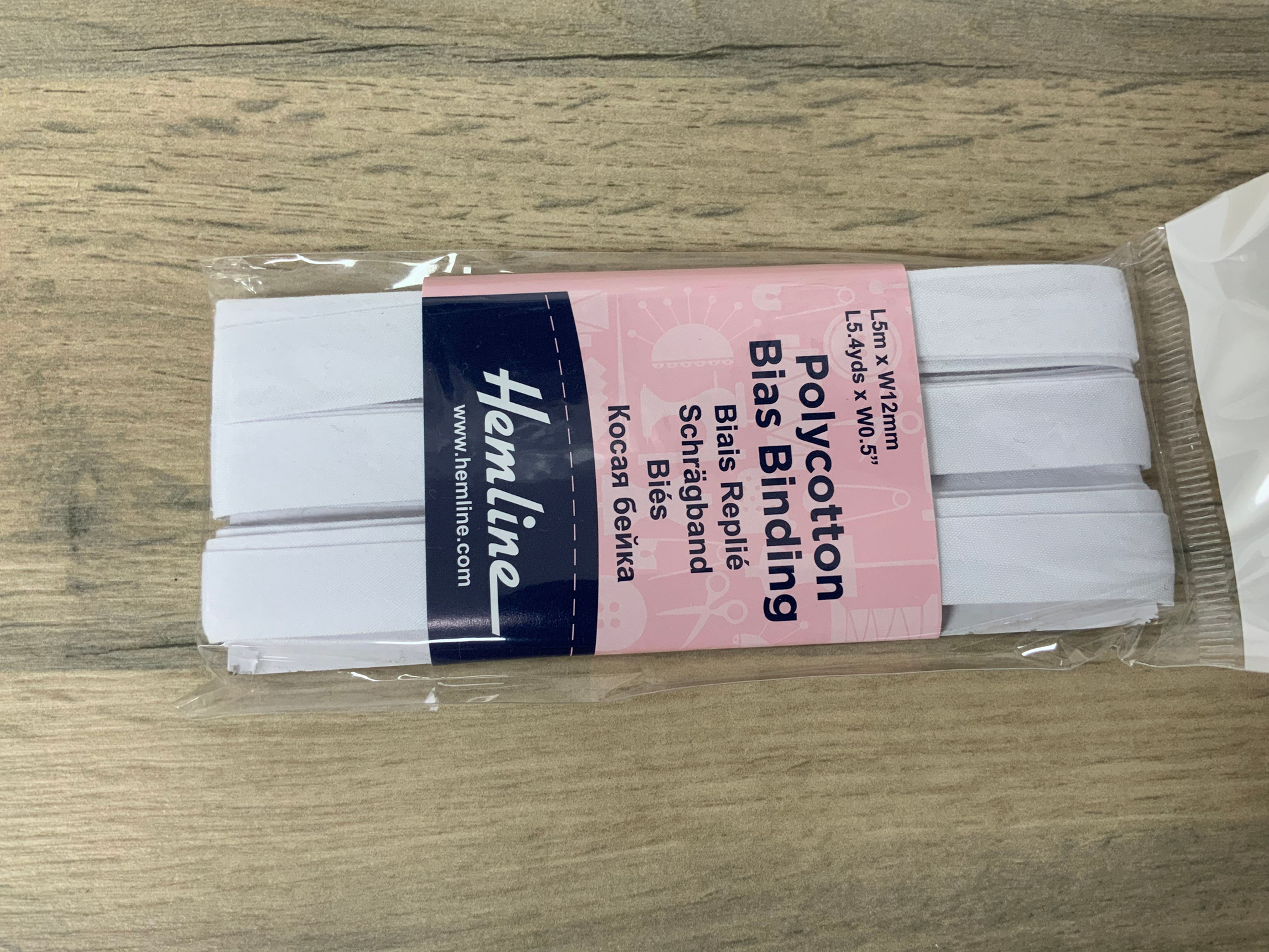12mm Hemline Polycotton bias binding White - 5m pack