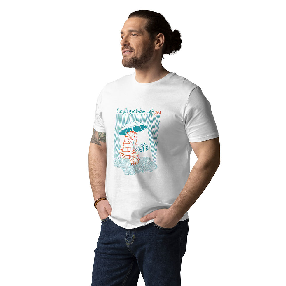 Miniatura: Camiseta unisex de algodón orgánico - caballito de mar y pez dorado
