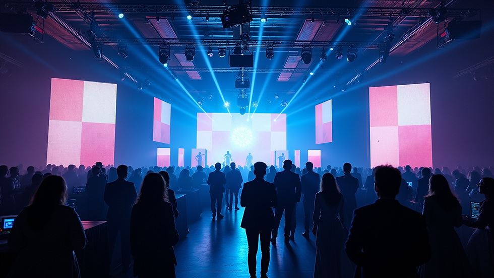 Eye-level view of a large LED display wall at a corporate event
