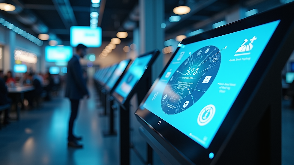 High angle view of interactive digital kiosks in a networking area