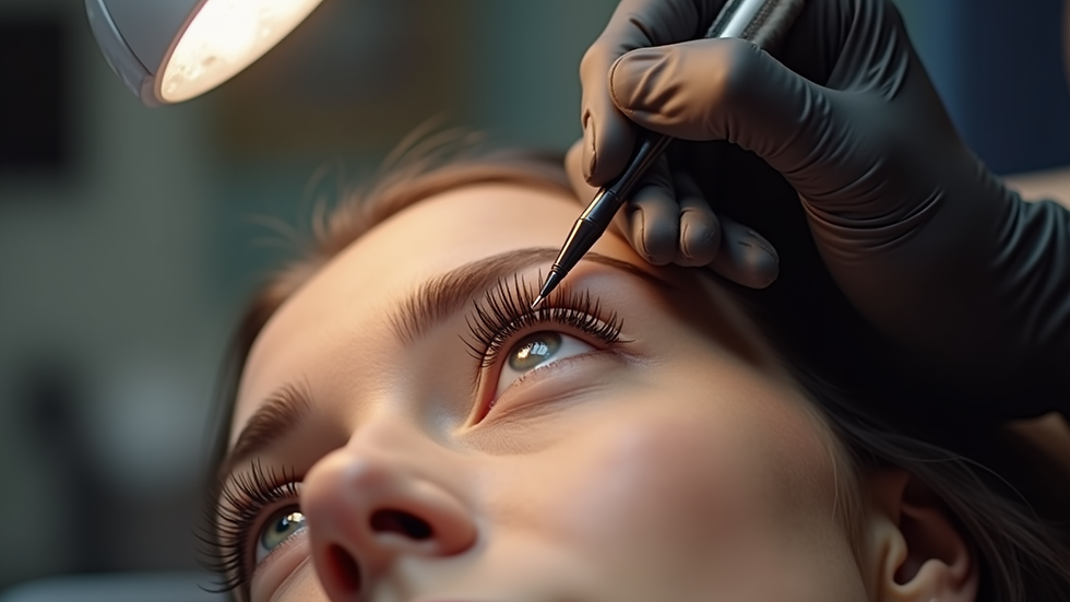 Close-up view of a professional permanent eyeliner artist's workstation