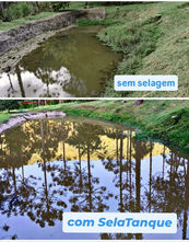 Colagem de fotos do "antes e depois" da aplicação do SelaTanque no lago do Edison. Primeiro o tanque vazio e depois o tanque cheio, lindo. Com faixas gráficas "sem selagem" e "com SelaTanque".