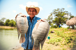 Produtor rural segurando peixes pescados em seu lago. SelaTanque aumenta a produtividade de tanques de piscicultura.
