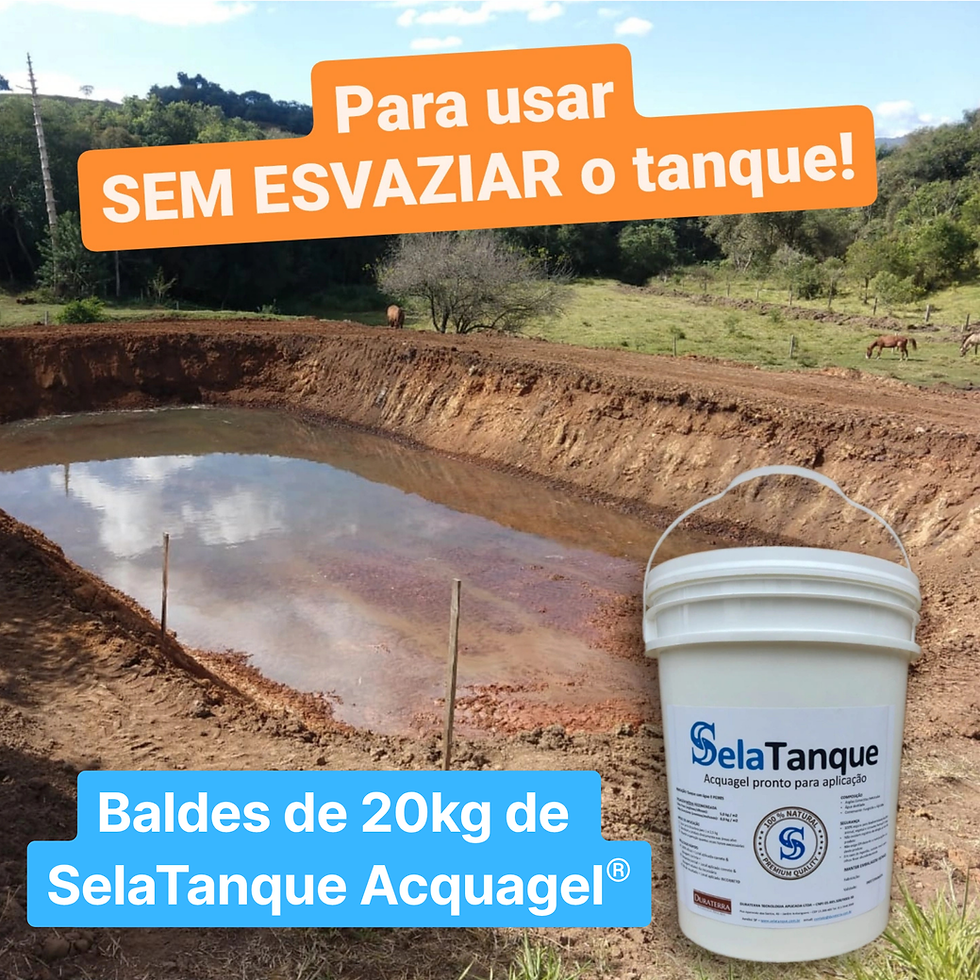 Tanque com vazamento e balde de SelaTanque Acquagel em destaque,  faixa informativa - para usar sem esvaziar o tanque