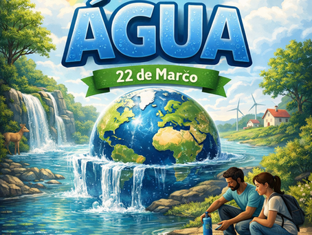 poster ilustrado escrito "dia da água 22 de Março" com globo terrestre ao centro e pessoas e animais em riacho.