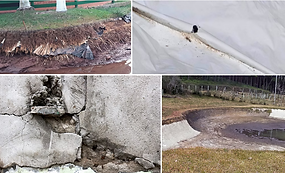 Lonas e geomembranas rasgadas e furadas e tanque de concreto rachado
