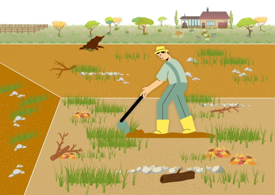 Ilustração homem limpando fundo de lago escavado com enxada, removendo grama, galhos, pedras, folhas, em ambiente rural. (c) 2025 SelaTanque. Todos os direitos reservados.