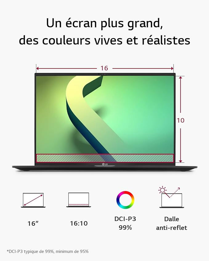 Miniature : LG gram 16Z90Q-G.AD75F - PC Portable 16" 1.2kg, écran IPS 2560x1600 Format 16:10