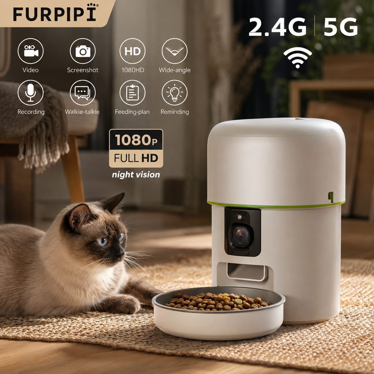1080P HD Camera Automatic Cat Feeder with 5GWiFi Tuya Pet Cat Smart Food Kibble