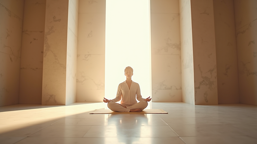 Eye-level view of a serene meditation space with soft lighting