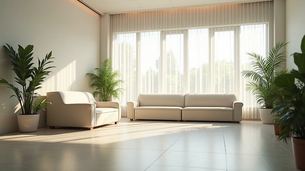 Eye-level view of a calm and inviting wholistic clinic treatment room with natural light and plants