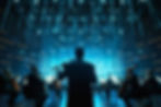 man-plays-violin-front-large-blue-background-with-group-people-playing-musical-instrument.