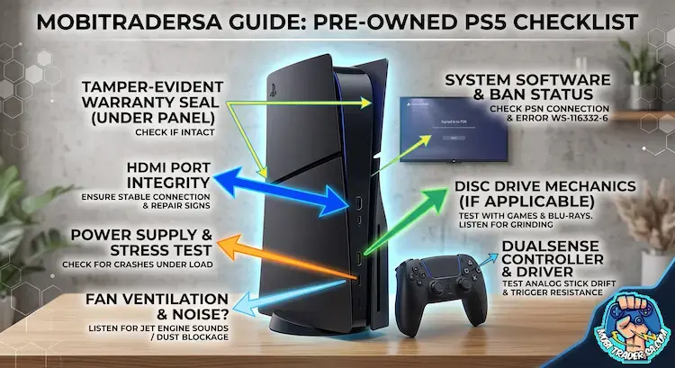 A black PS5 console with arrows showing how to test a PS5.