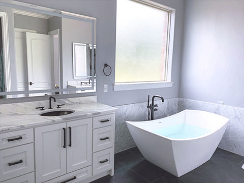 Luxury Master Bathroom Remodel: free standing Hydrosystem air tub from hydro systems, GRAFF floor mounted faucet, Shaker style ½ inch reveal custom cabinets, transparent black under mount sink, LED Mirrors, Firenze Carrara marble tile quarried in Italy