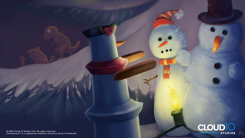 Three different snowmen are circled around a Christmas light on a tree branch designed by Cloud 10 Studios.
