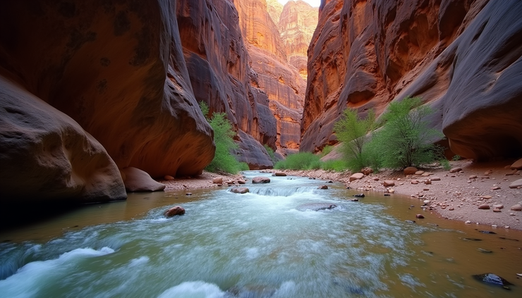 Wide angle view of Virgin River flowing through Zion National Park's narrow canyon
