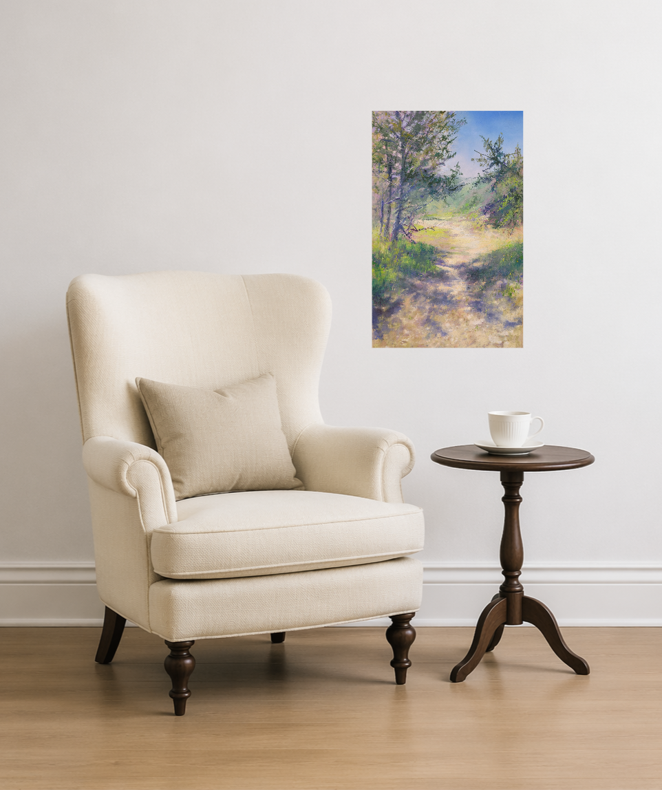 Painting of a path through trees in a room