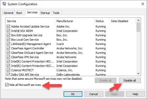 Disable all in selective startup option Screenshot
