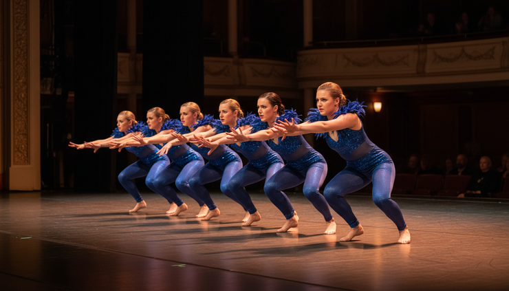 Eye-level view of dancers moving through a clean formation transition on stage