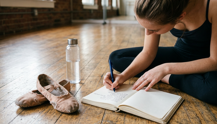 Close-up view of a dancer writing goals in a notebook beside worn dance shoes.