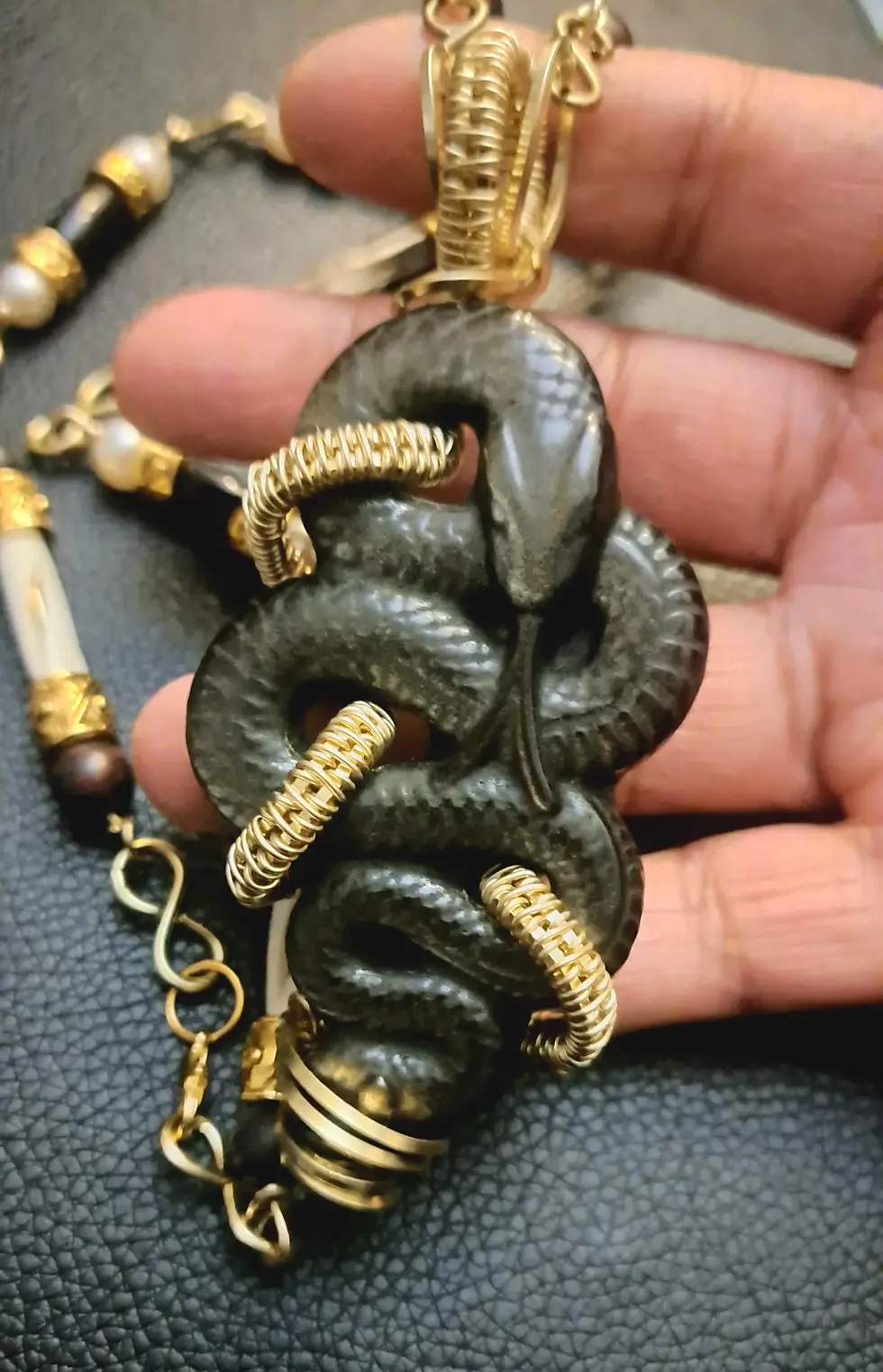 Thumbnail: Obsidian Snake Necklace: Bone & Pearl Chain