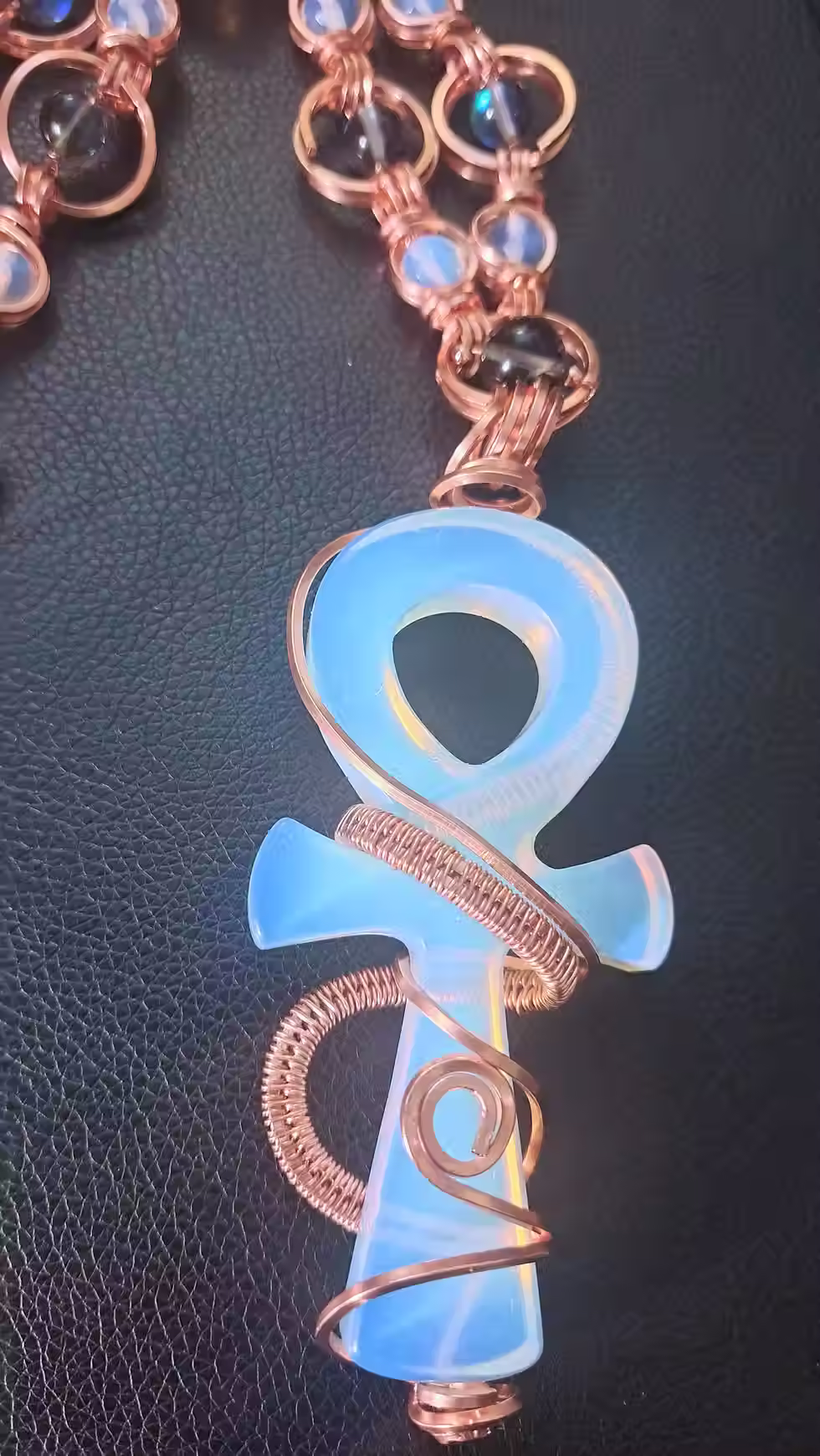 Thumbnail: Blue Opalite Ankh Copper  Necklace
