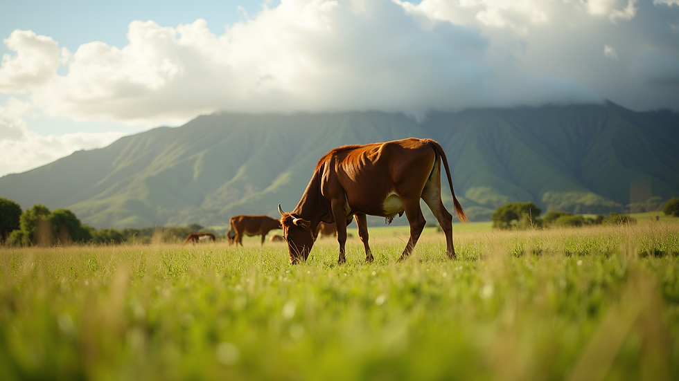 Eye-level view of Kahana Ranch's lush pastures with grazing cattle
