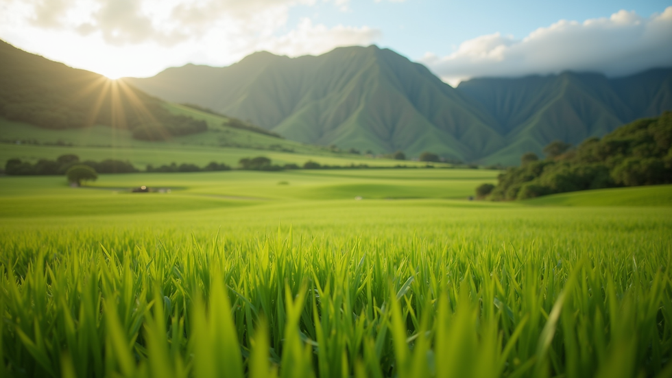 Eye-level view of lush green pastures at Kahana Farm