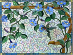 Morning glories and hummingbird